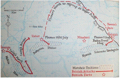 Map showing battles fought in the Matobo Hills