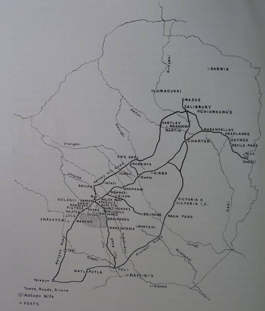 Map showing the position of the major forts in Rhodesia, 1896-1897